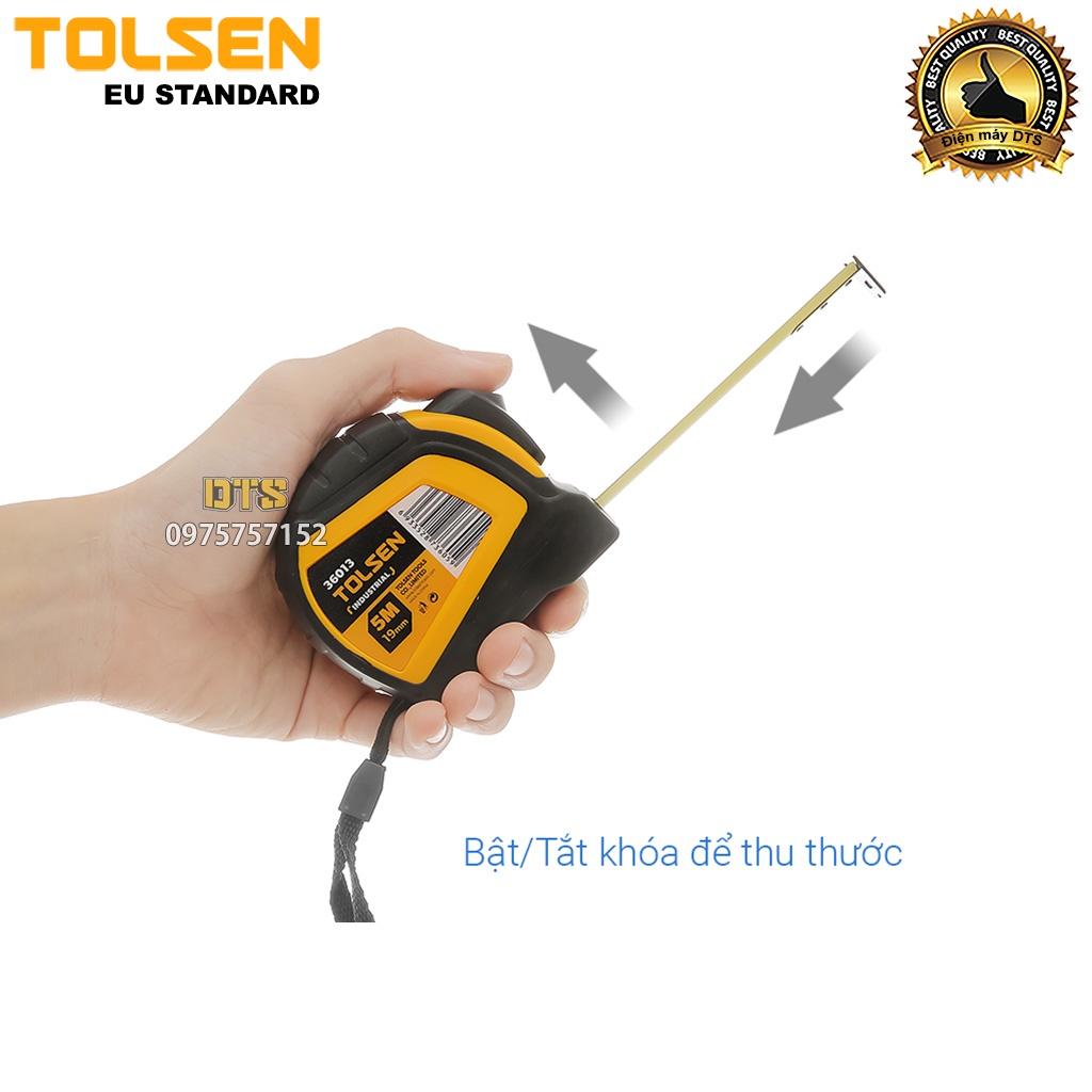 Thước cuộn tự động 5m TOLSEN, thước kéo thép nền vàng công nghiệp vỏ nhựa ABS chống va đập phủ TPR - Tiêu chuẩn châu Âu