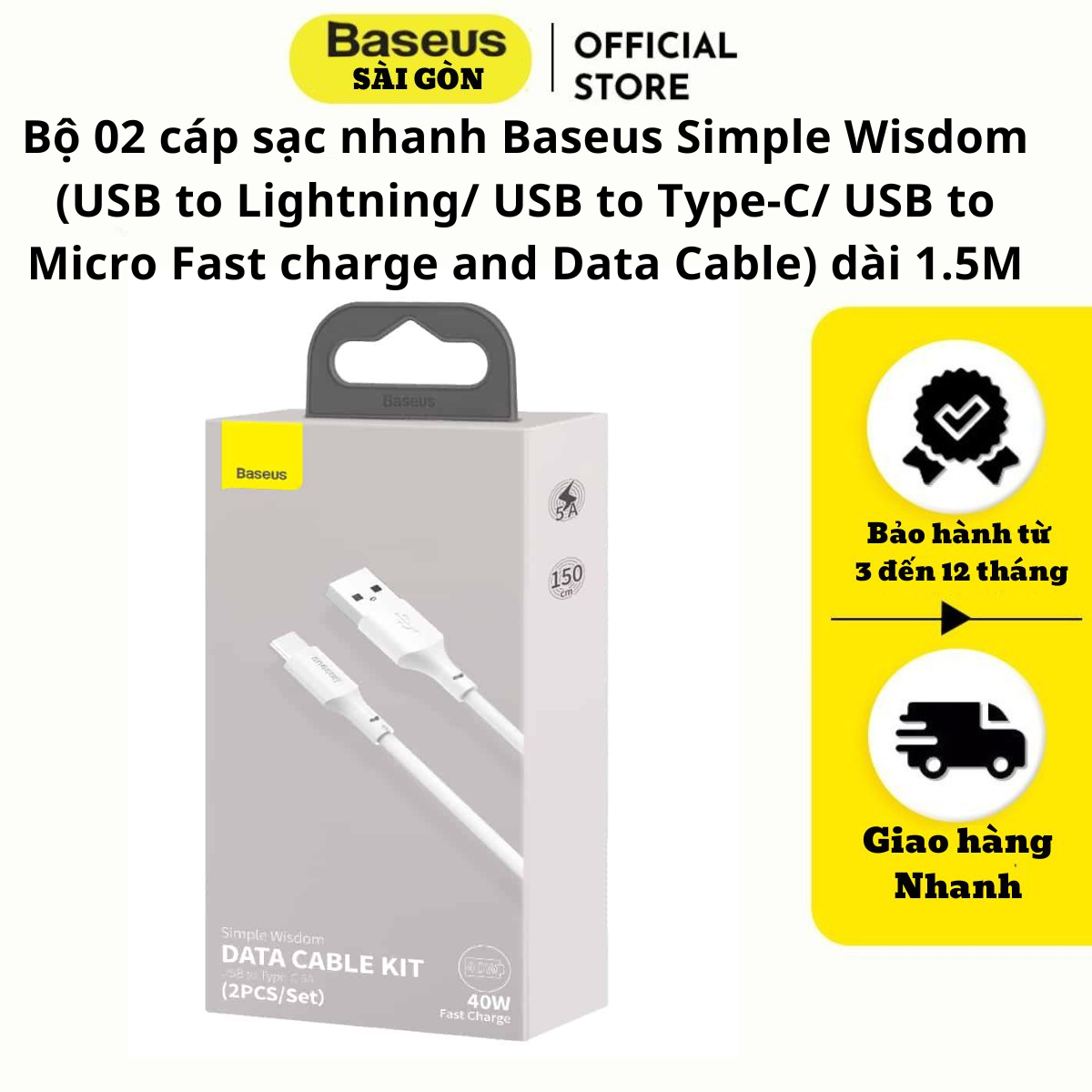 Bộ 02 cáp sạc nhanh Baseus Simple Wisdom (USB to Light-ning/ USB to Type-C/ USB to Micro Fast charge and Data Cable) dài 1.5M- Hàng chính hãng