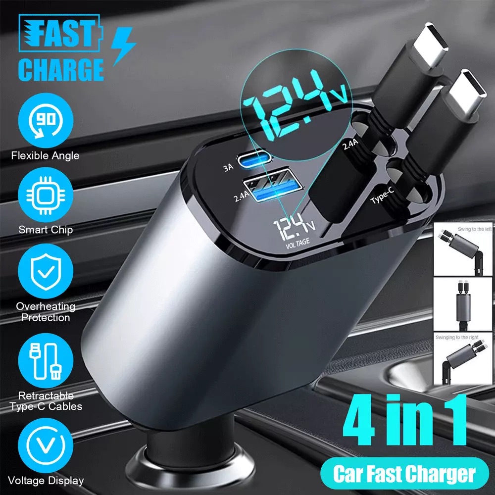Tẩu Sạc Nhanh Xe Ô Tô TÍCH HỢP DÂY Sạc Type C, Lightning 100W | Hiển Thị Thông Số Sạc, Dây Rút Chống Rối, 4in1