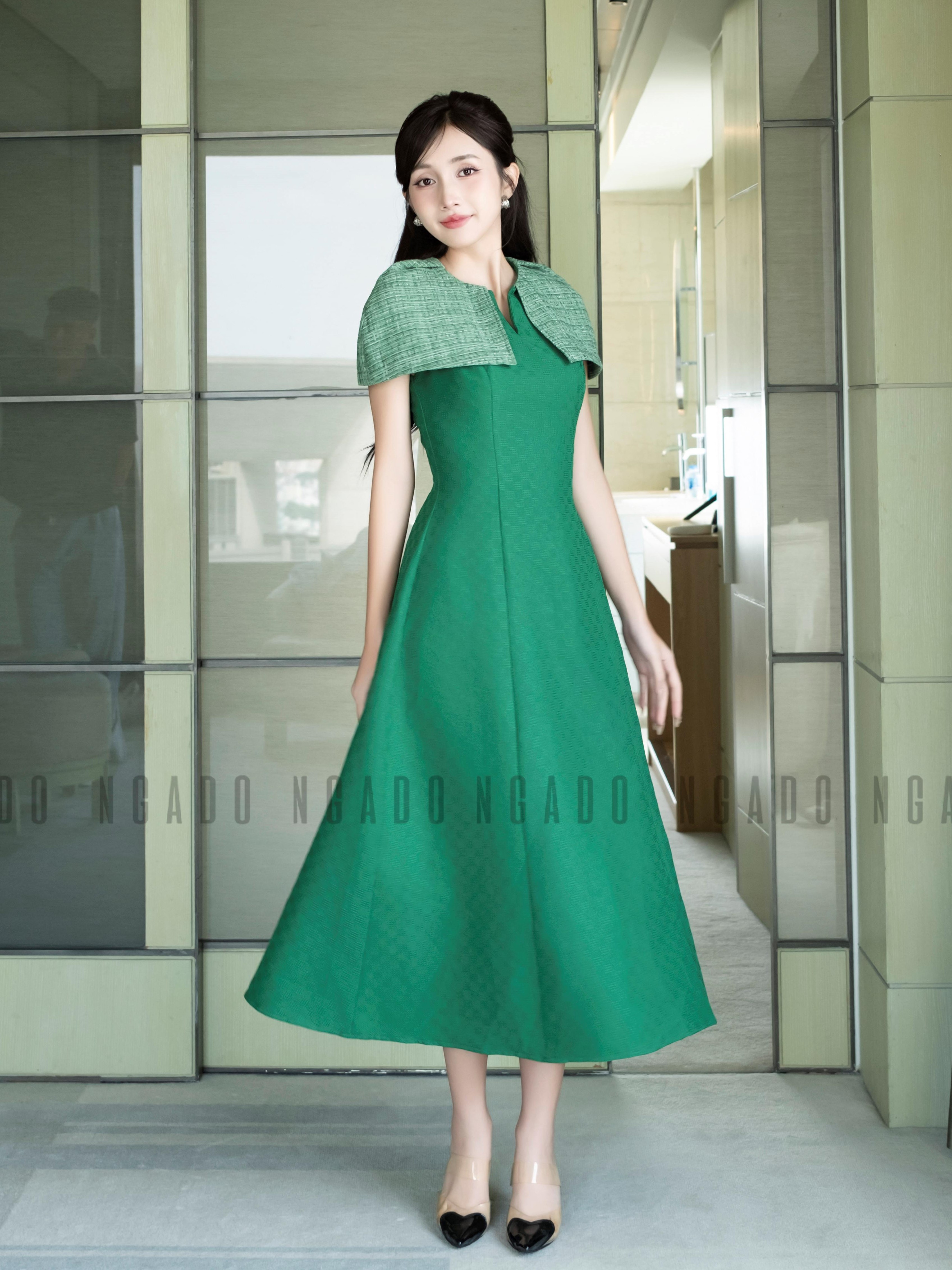 Đầm xanh lá phối tweed NGADO , đầm dự tiệc dáng dài , đầm thiết kế