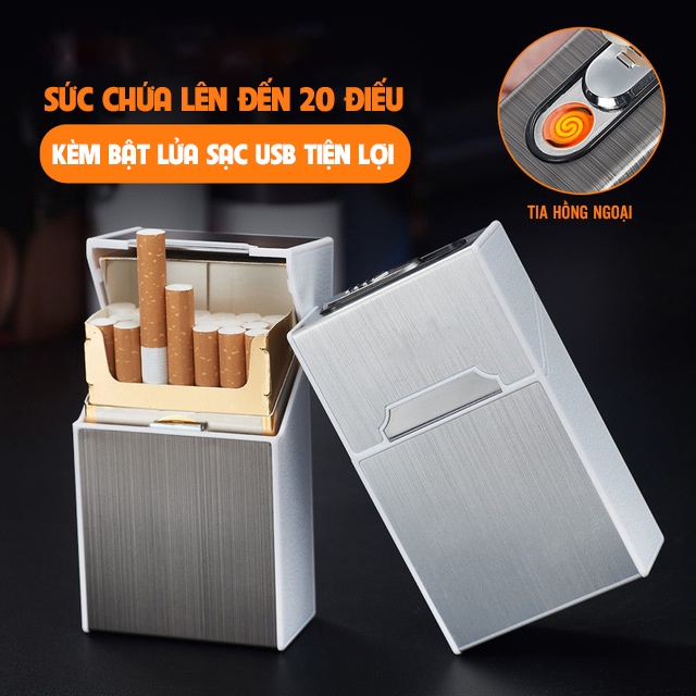 Bật lửa điện kiêm hộp đựng thuoc lá kim loại 2in1 vỏ hợp kim phay xước sang trọng hàng cao câp mẫu mới