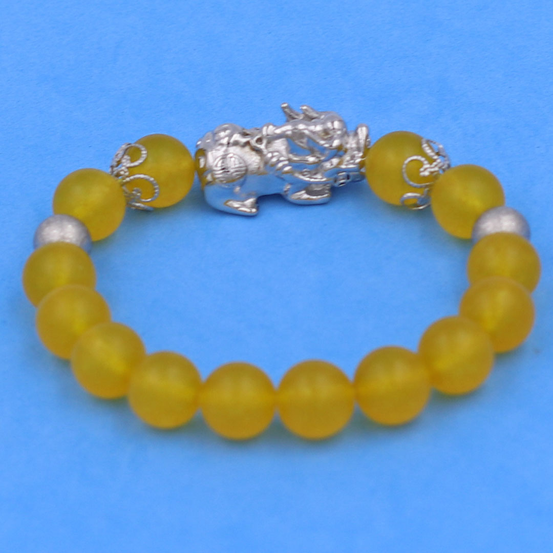 Vòng chuỗi đeo tay đá thạch anh vàng mờ 10 ly charm tỳ hưu inox, bi inox, khía bông inox, vòng tay phong thuỷ, vòng tay tỳ hưu