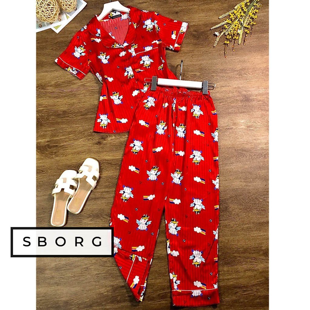 Đồ bộ mặc nhà SBORG bộ pijama lụa gấm mềm mát sang trọng áo tay ngắn họa tiết cute đáng yêu phối quần dài có túi bigsize 45-65kg quà gtặng Vợ, thoải mái mặc nhà hoặc đi ra ngoài