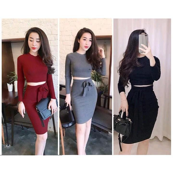 ÁO CROPTOP DÀI TAY CHÂN VÁY BÚT CHÌ PHỐI NƠ SET0001
