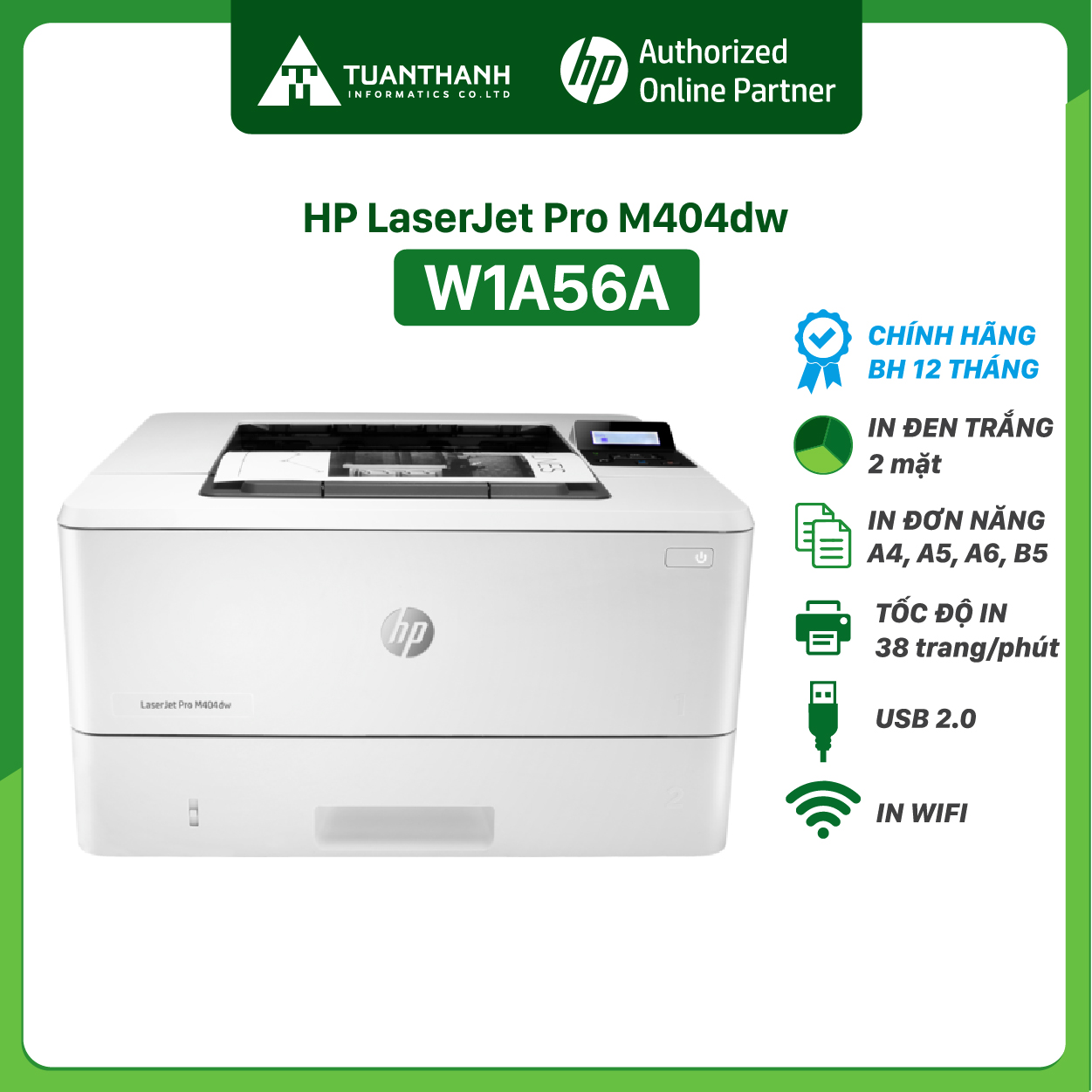 Máy in HP In 2 Mặt, Wifi LaserJet Pro M404DW (W1A56A) - Hàng Chính Hãng