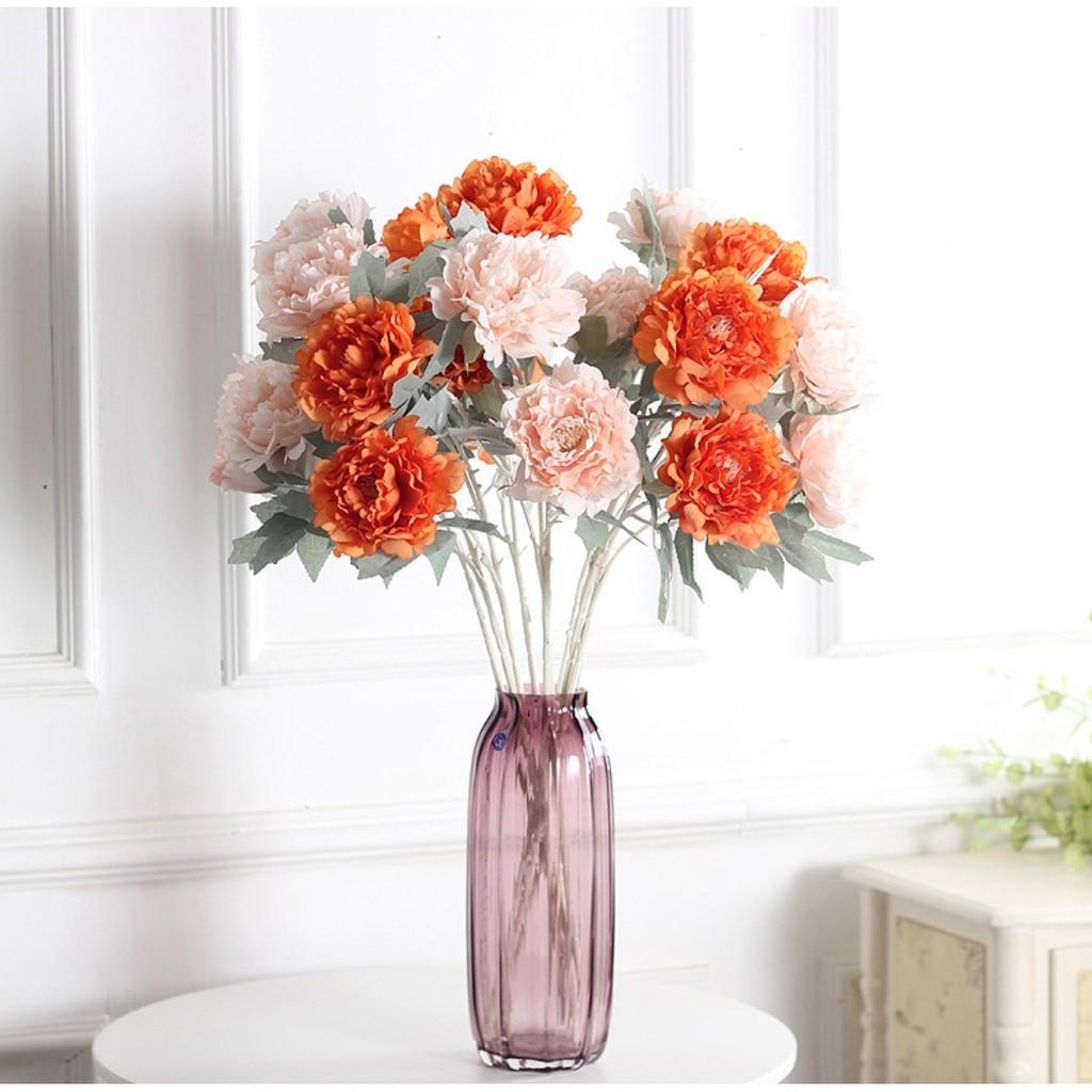 Hoa lụa cao cấp, hoa mẫu đơn giả 2 bông 1 nụ cỡ lớn cao 70cm trang trí nhà cửa sang trọng Flowermini