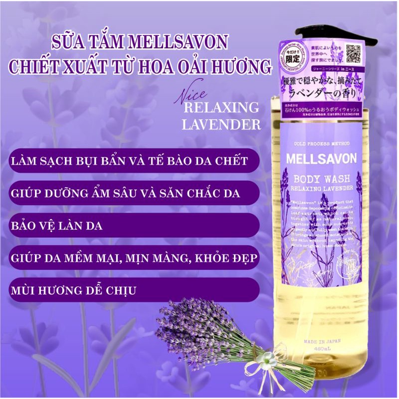 Sữa Tắm Trắng Da Chiết Xuất Từ Hoa Oải Hương Mellsavon Body Wash Relaxing Lavender 460ml (Combo 460ml Và Set 24ml)