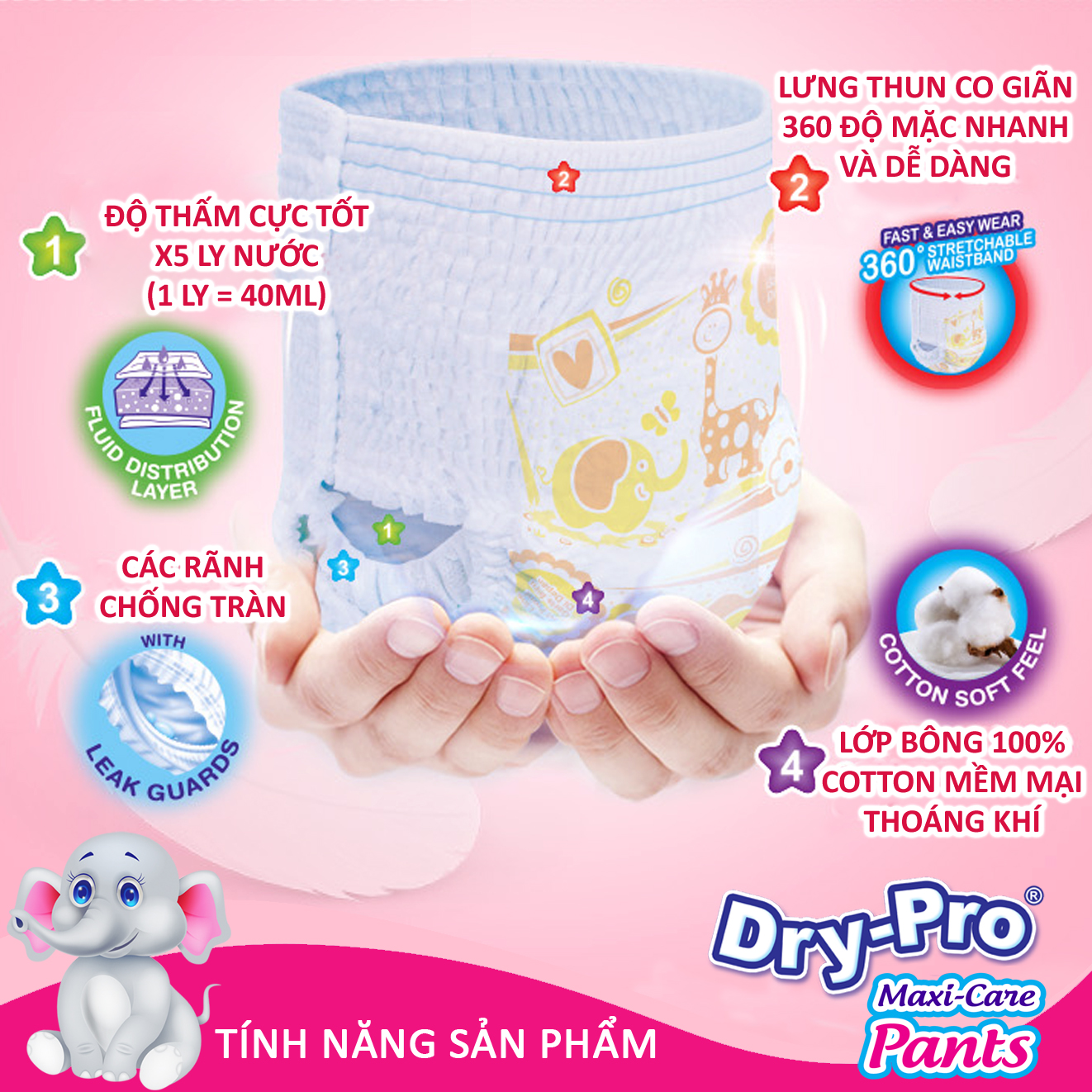 Tã/bỉm quần Dry-Pro siêu thấm hút nhập khẩu Malaysia size XXL - Gói 14 miếng