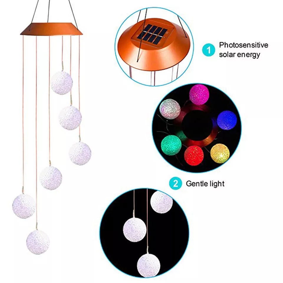 ĐÈN LED Năng Lượng Mặt Trời đèn chuông gió bóng tròn xoắn ốc đổi màu