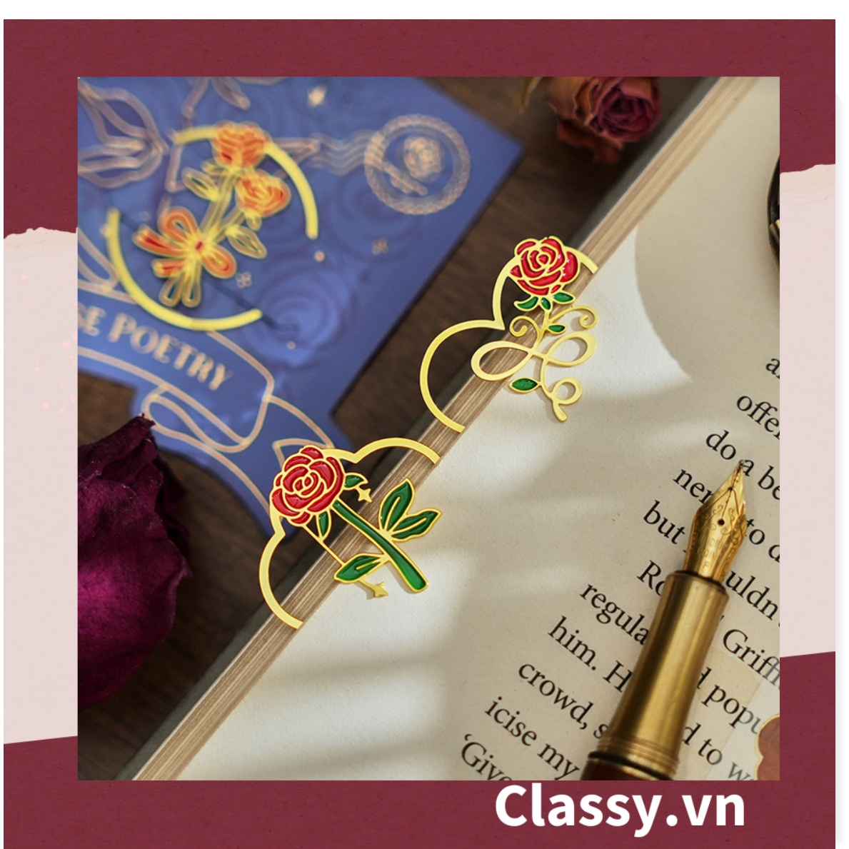 Bookmark /thẻ đánh dấu sách Hình Hoa Hồng vintage chất liệu Kim Loại đánh Dấu, đục lỗ tròn có thể gắn thêm ruy băng PK1793