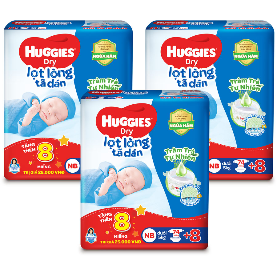 Combo 3 gói tã dán sơ sinh Huggies Tràm Trà Tự Nhiên NB74 (dưới 5kg) - Gói 74 miếng + Tặng 8 miếng