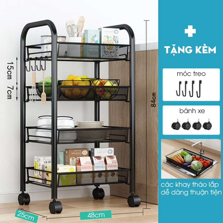 Kệ Để Đồ Đa Năng Di Động 4 Tầng Thông Minh Có Bánh Xe Điều Chỉnh 360 Độ Tiện Dụng