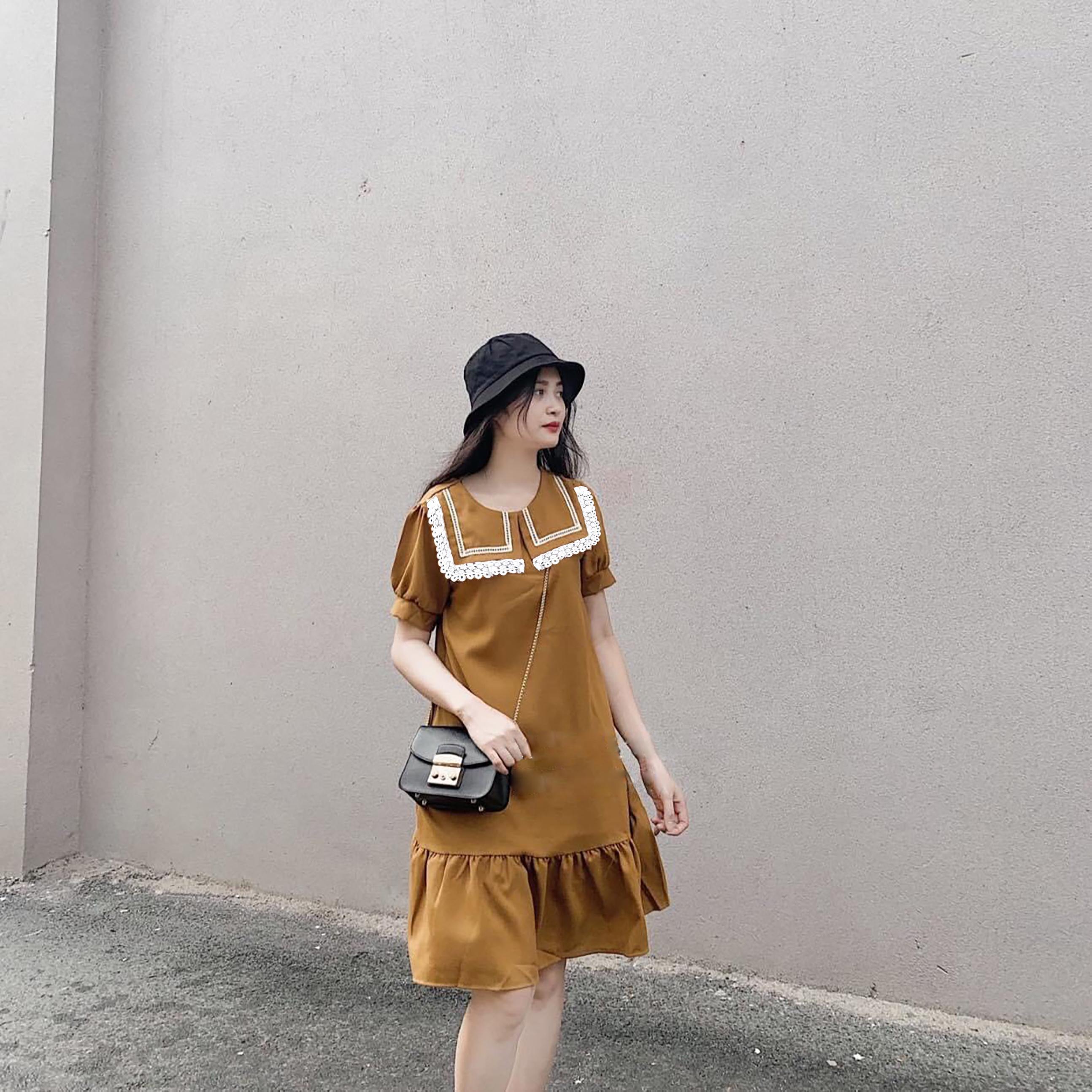 ĐẦM SUÔNG CỔ VUÔNG PHỐI REN NÂU