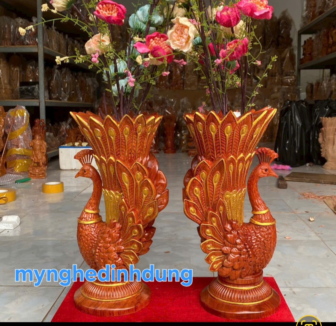 Cặp chim công cắm hoa phong thủy gỗ hương đá cao 40x20x15cm