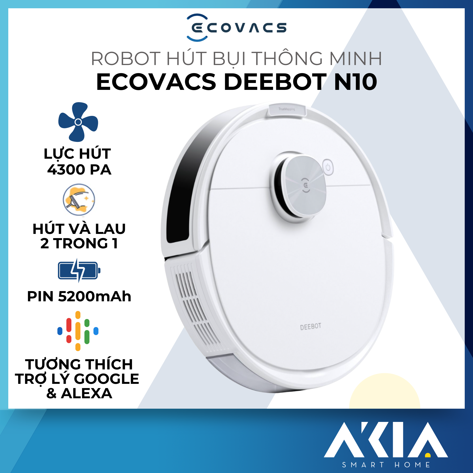 Robot hút bụi lau nhà thông minh Ecovacs Deebot N10 - Lực hút 4300 Pa, dung lượng pin 5200mAh, lưu trữ 3 bản đồ - Hàng chính hãng