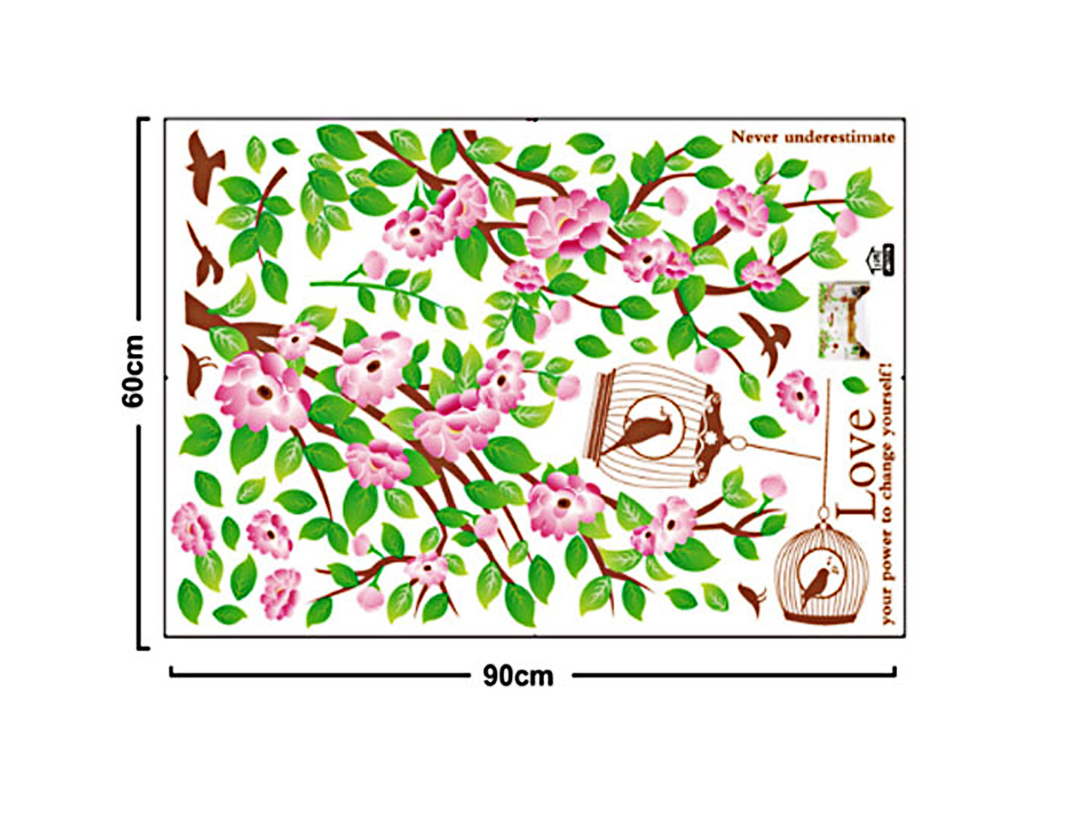 Decal dán tường cây hoa và lồng chim chữ love