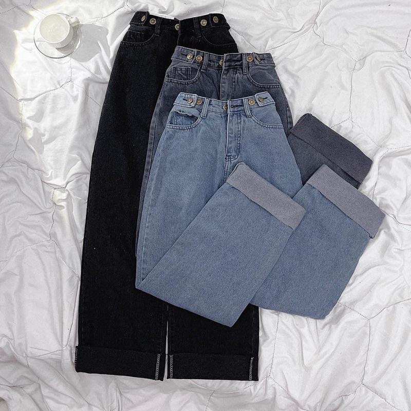 Quần jeans nút gài ống rộng có đủ 3 màu _Sẵn