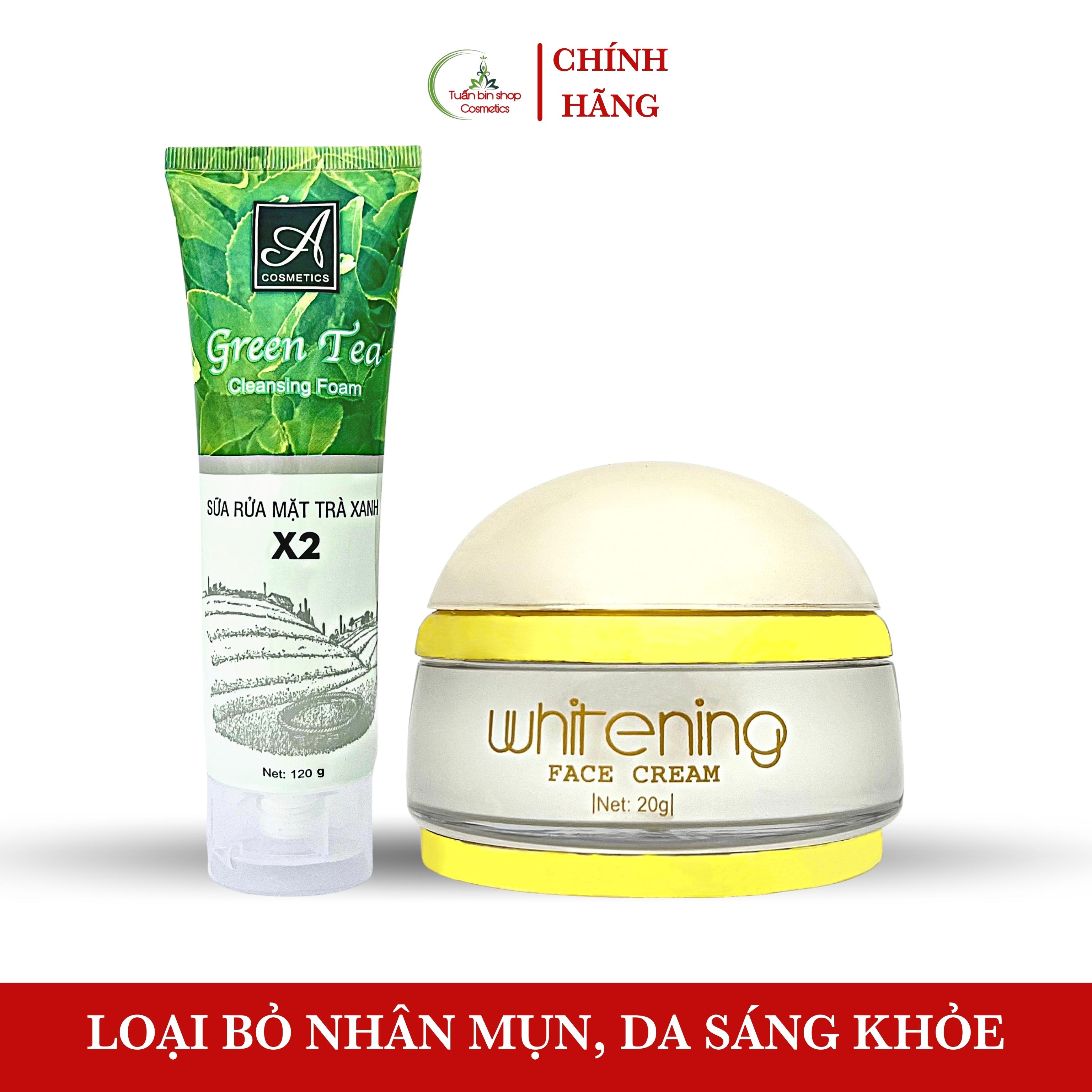 Combo dưỡng trắng da mặt, kiềm dầu, sáng da Acosmetics, kem face pháp, sữa rửa mặt trà xanh x2 140g