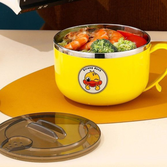 Ca ăn mì có nắp đậy vịt vàng 2 lớp 15cm có nắp đậy đa năng hỗ trợ giữ nhiệt tốt - Ca úp mì vịt vàng chất liệu inox có nắp kín giữ nhiệt lâu