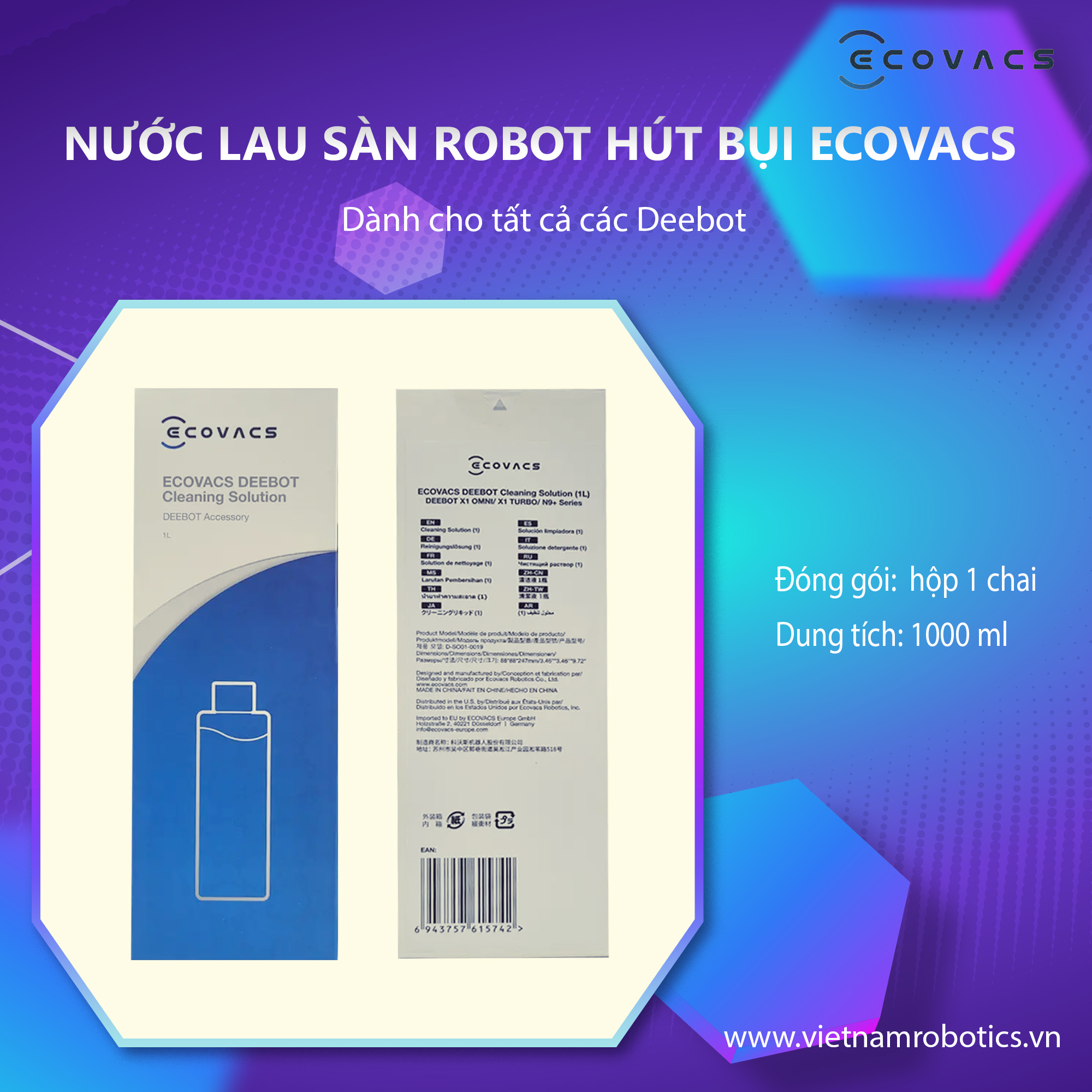 Nước lau sàn chuyên dụng cho Robot hút bụi lau nhà Ecovacs Deebot, Hàng chính hãng, Loại dung tích lớn 1 lít