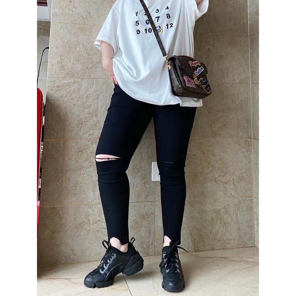 Quần jean nữ dài màu đen tuyền lưng cao co dãn mạnh, rách kiểu dành cho Big Size 2707