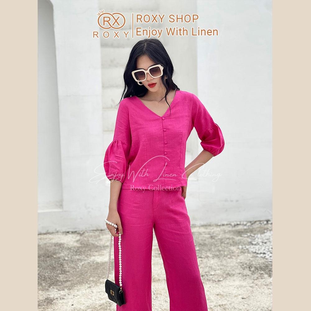 Set Bộ Linen Áo Tay Dài Cổ Tim Tay Dài Bo Chun Phối Quần Ống Suông