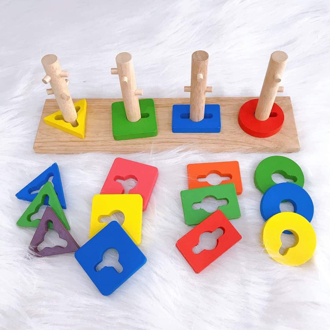 4 cọc hình khối Montessori - Đồ chơi gỗ