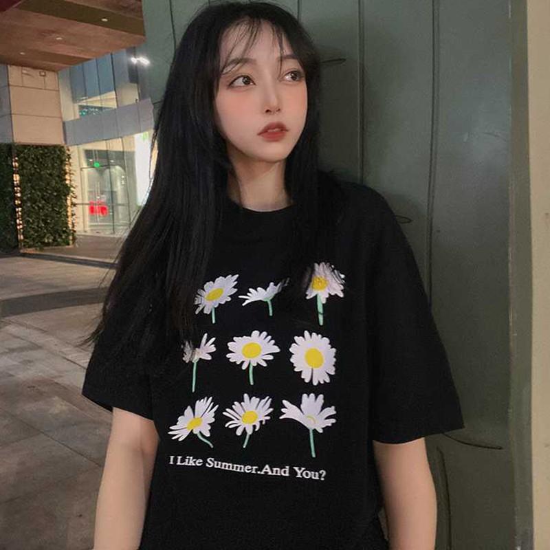 Áo Thun Tay Ngắn Cổ Tròn Hoạ Tiết Hoa Thiết Kế Dáng Rộng Thoải Mái
