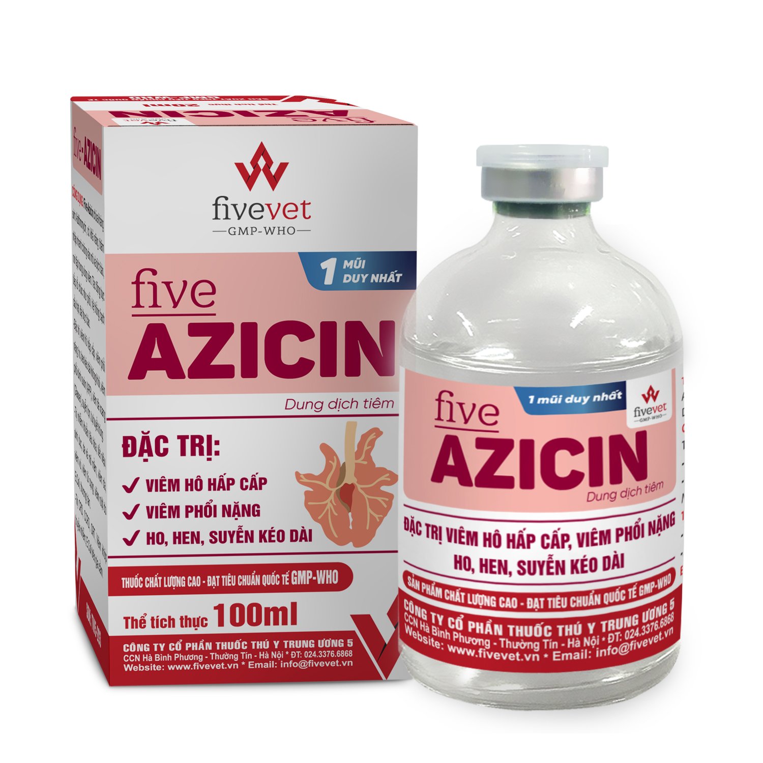 Dung dịch tiêm Five Azicin viêm hô hấp cấp, viêm phổi nặng, ho, hen suyễn kéo dài, nhiễm khuẩn tiêu hóa, tiết niệu, sinh dục