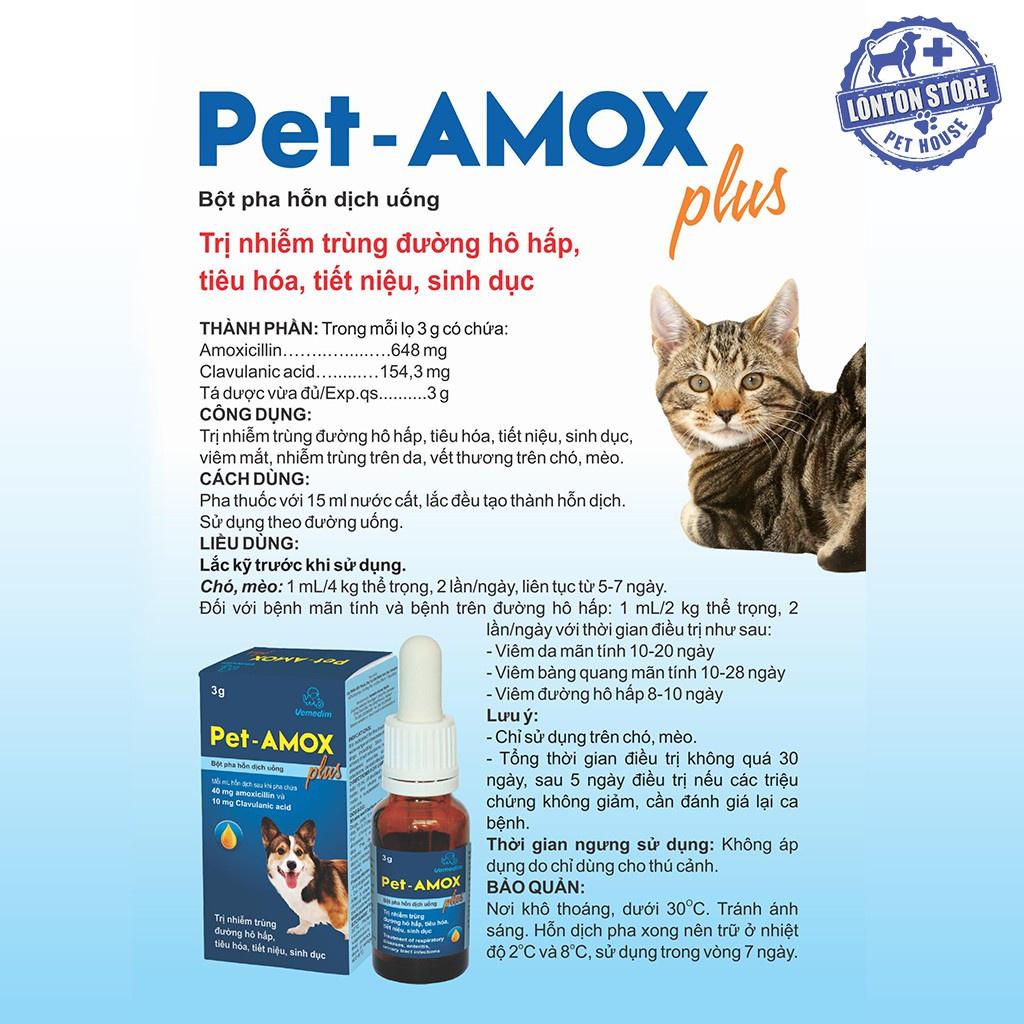 Dung Dịch Pet Amox Plus - Điều trị Tiêu Chảy, Hô Hấp, Tiết Niêu Cho Chó Mèo, 3gr