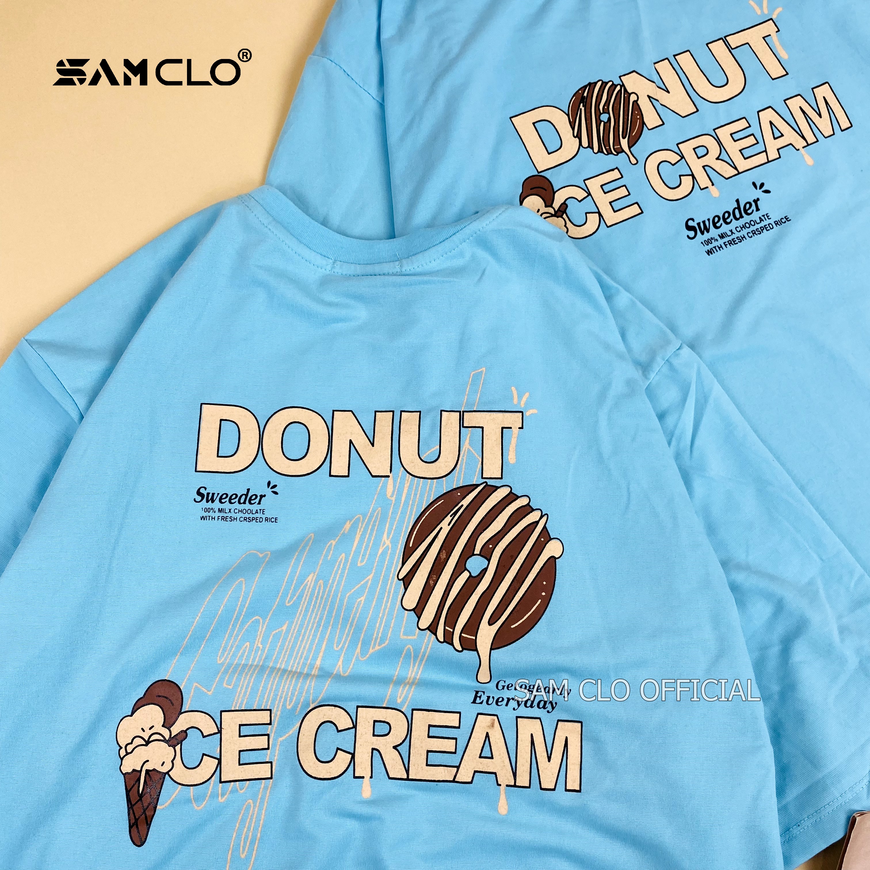 Áo thun tay lỡ nữ SAM CLO freesize phông form rộng dáng Unisex - mặc cặp, nhóm, lớp in hình bánh DONUT ICE CREAM màu xanh dương