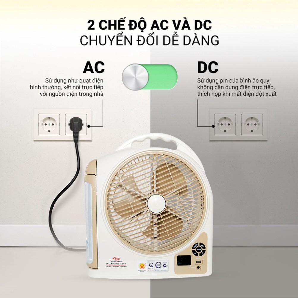 Quạt sạc tích điện dạng hộp AC&amp;DC Honjianda FL223/FL213 1-2 bình - có đèn LED &amp; USB