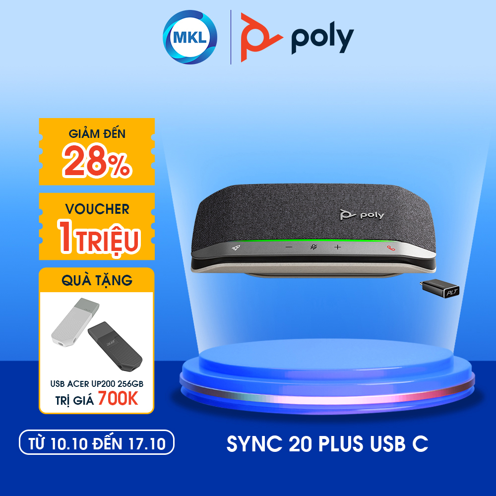 [Tặng USB UP200 256GB] Loa Hội Nghị Khử Ồn, Kháng Nước Poly Sync 20+ Bluetooth/ USB-C Kèm BT600 / 3200 mAH Hàng Chính Hãng