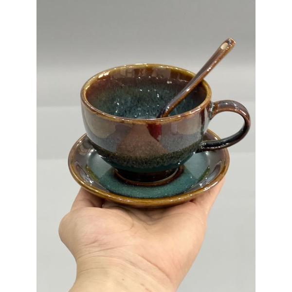 Bộ cốc tách sứ cà phê capuchino 220ml - Cốc thìa đĩa kê - Men hỏa biến - Gốm Bát tràng cao cấp