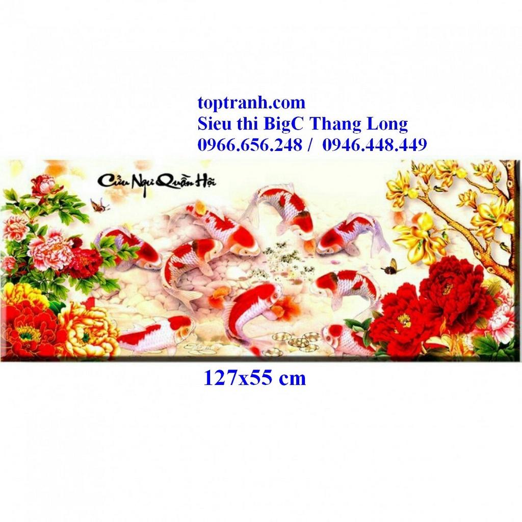 tranh thêu chữ thập hoa mẫu đơn cá chép cửu ngư quần hội 223039 chưa thêu