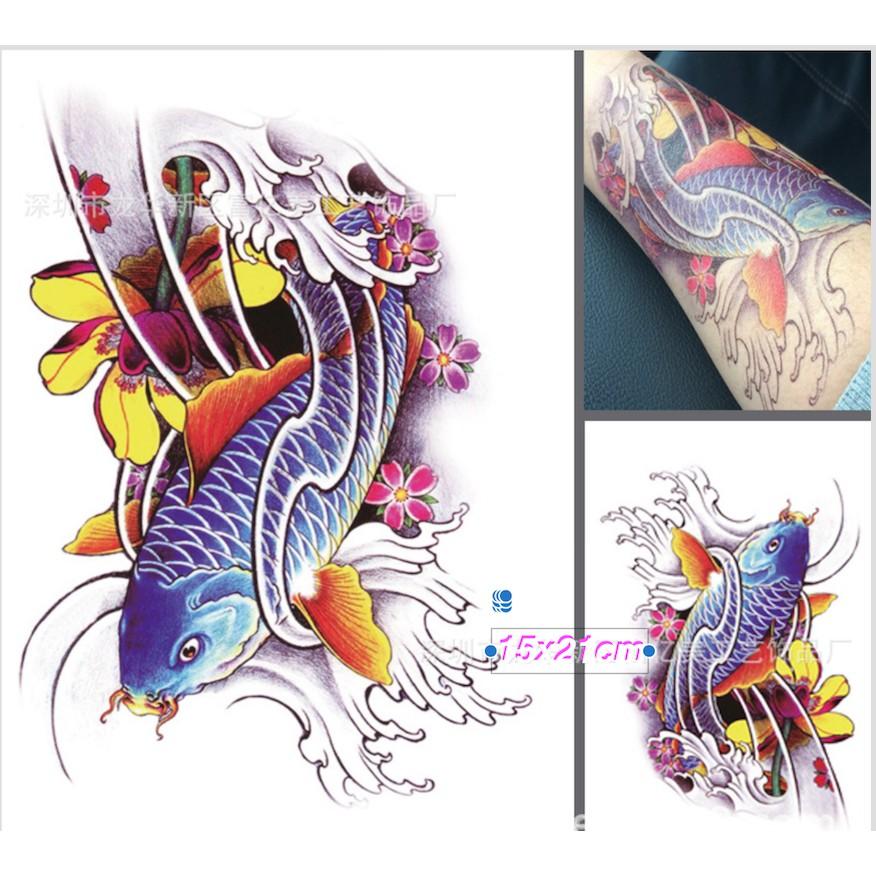 Combo 3 tấm hình xăm dán tattoo cao cấp 15X21cm CÁ CHÉP XANH TUYỆT ĐẸP XDL375 (Tặng 1 hình xăm dán đẹp)