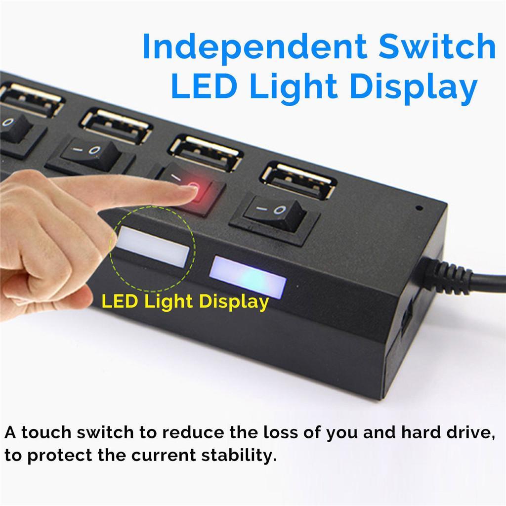 7-Port USB 2.0 High Speed Hub Adapter ON/OFF Switch with LED Indicator Black