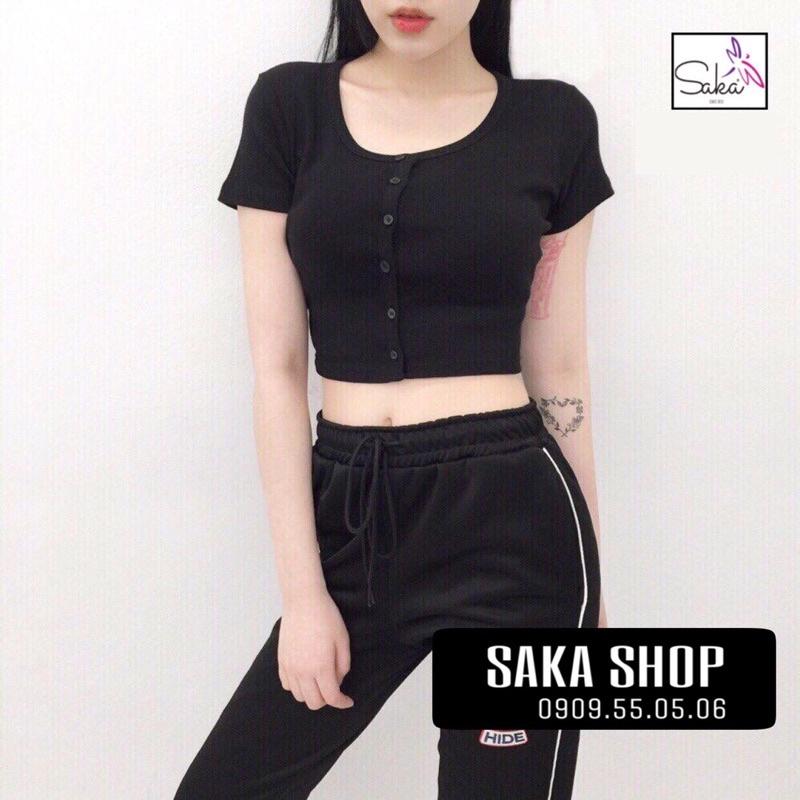 Áo croptop nút trắng &amp; đen vải thun gân tăm loại xịn