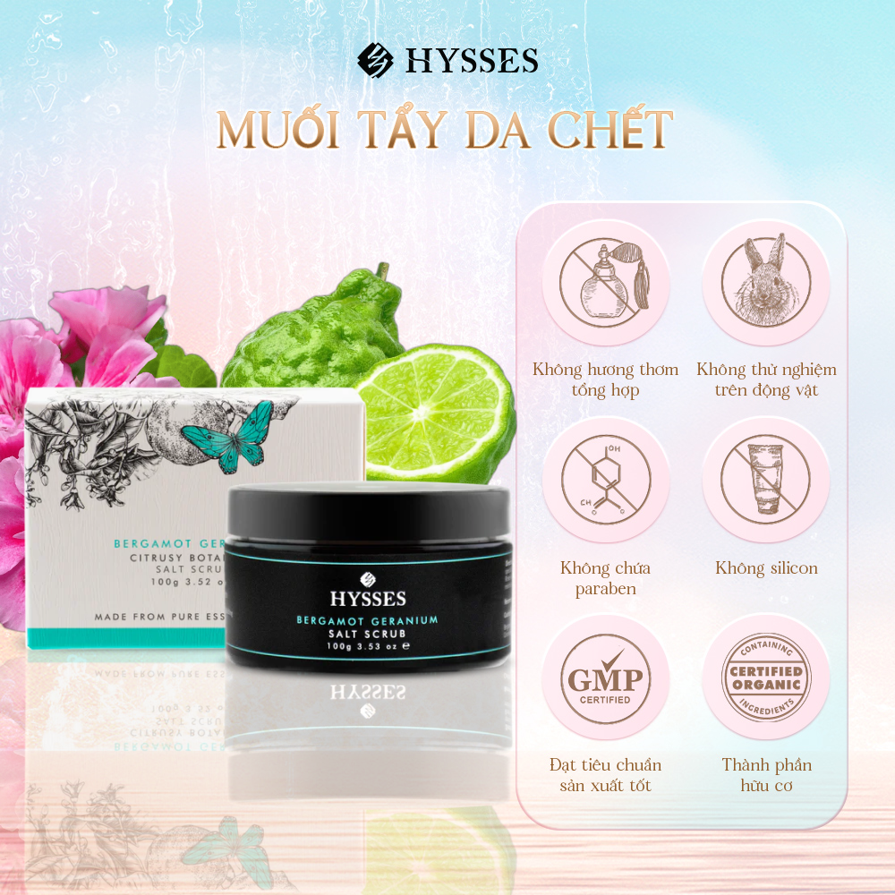 Muối Tẩy Tế Bào Chết Cao Cấp Hysses Salt Scrub Giúp Kháng Khuẩn, Làm Sạch Lỗ Chân Lông, Sáng Da, Tăng Cường Lưu Thông Máu Với Tinh Dầu Cam Bergamot & Hoa Phong Lữ Hữu Cơ Tự Nhiên