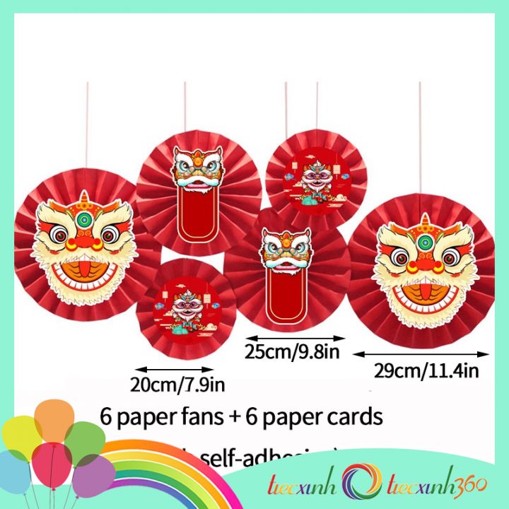 Set 6 quạt giấy kèm hình lân trang trí năm mới