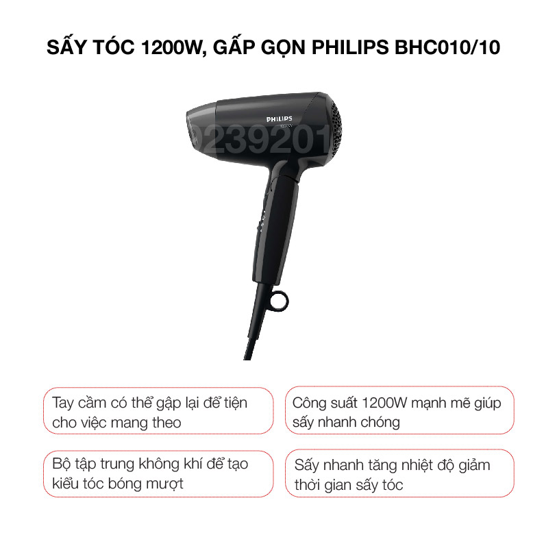 Máy Sấy tóc 1200w, gấp gọn Philips BHC010/10 - Hàng chính hãng