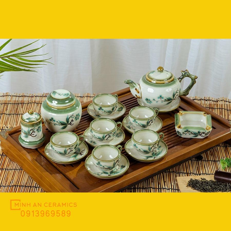 Bộ trà men tro cổ dáng gốc cây hoa văn vẽ tay thủ công 450ml gốm Minh An Bát Tràng