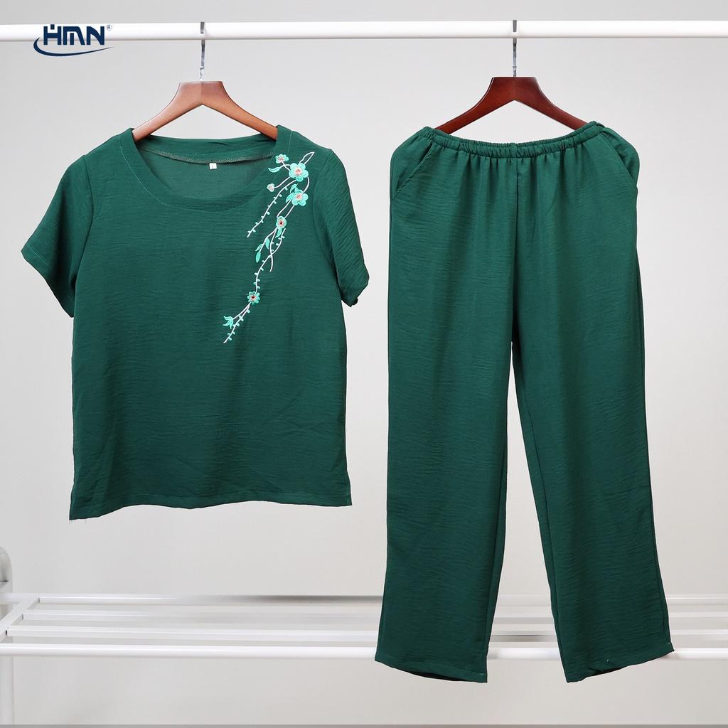 Set đồ bộ trung niên nữ áo thun tay ngắn thêu hoa vai rũ và quần Dài/lửng vải đũi linen mềm mịn - HMN Fashion