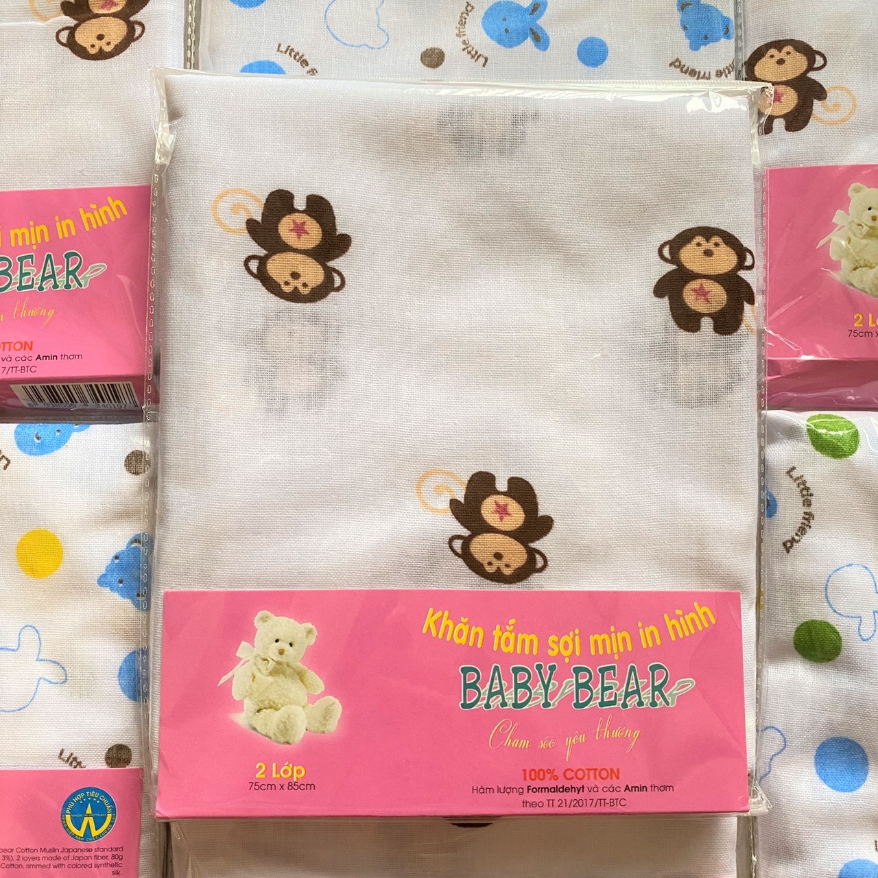 Combo 3 khăn tắm sơ sinh in hình 2 Lớp sợi mịn Baby Bear túi 1 cái 75x95 cm