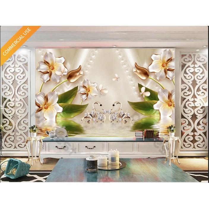 Hoa anh thảo lãng mạn cùng đôi thiên nga hạnh phúc, Tranh dán tường 3d hiện đại MS1180127
