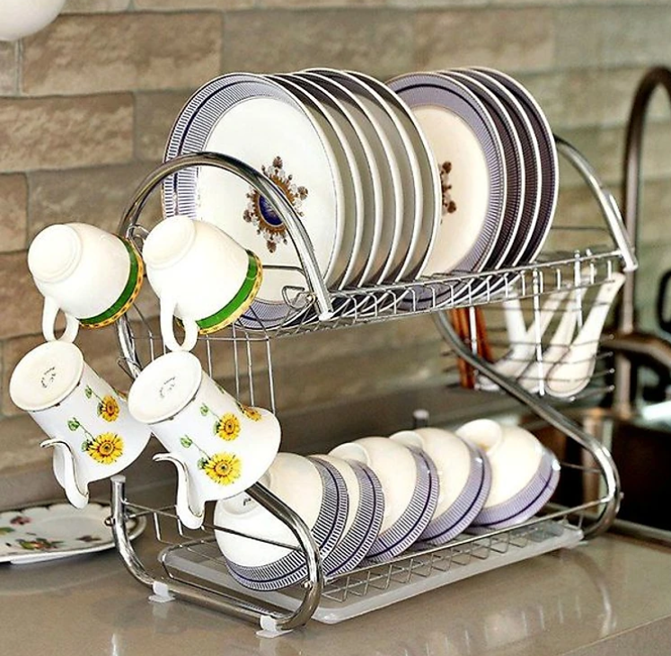 Giá Kệ Úp Bát Đĩa Inox 2 Tầng Hình Chữ S Đa Năng, Có Ống Đựng Đũa Và Giá Treo Ly Bên Hông, Có Khay Nhựa Hứng Nước - Hàng Chính Hãng