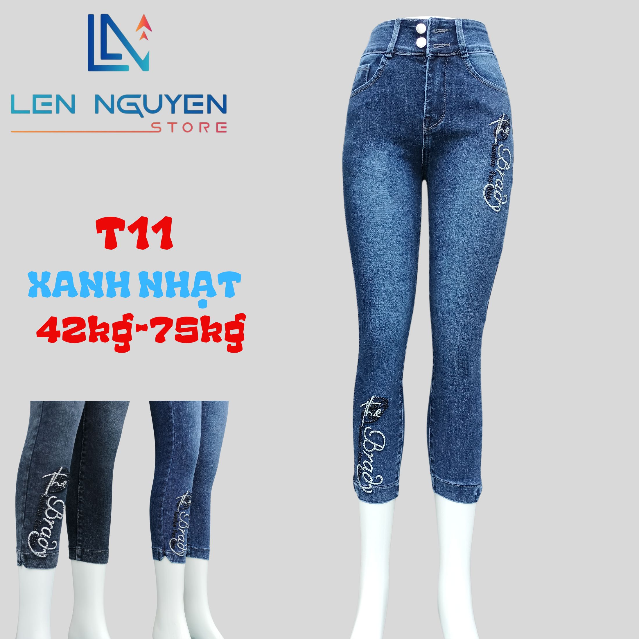 T11_9 tất thêu ép đá 27-35 xám và xanh nhạt, 2 nút lưng cao, cho 42kg đến 75kg 27-35 Vải Cao Cấp Co Giãn ,Mềm Mịn Thoáng Mát Nữ Jean Women Pants