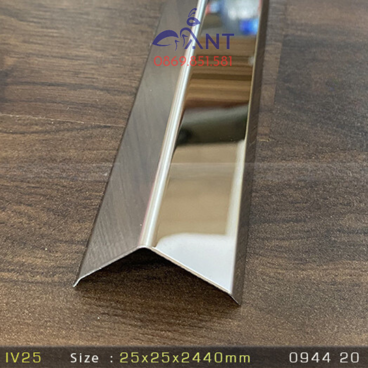 Nẹp V inox trắng gương, dày 0.6li, thanh dài 2m44, nẹp chữ V inox, nẹp ốp góc, nẹp kết thúc, nẹp mũi bậc thang.