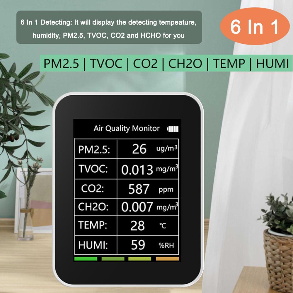 Tuya WiFi Portable Home Office Indoor Desktop Air Quality Detector 6 In 1 Multifunctional Detector PM2.5 TVOC CO2 CH2O Temperature Humidity Detecting Intelligent Linkage Mobilephone APP Remotes Viewing