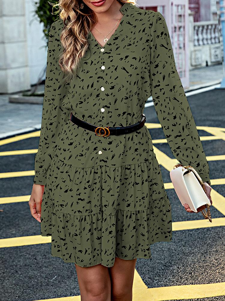 Women Long Sleeve Mini Dress Print V Neck Flared Holiday Spring Summer A-Line Casual Dress
